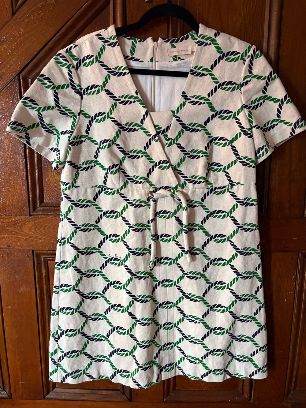 Tory Burch Cream Dress with Green & Navy Rope Print